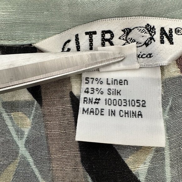 Citron Santa Monica Floral Top L Petite Green Silk Linen Button up Asian Art - Picture 9 of 11